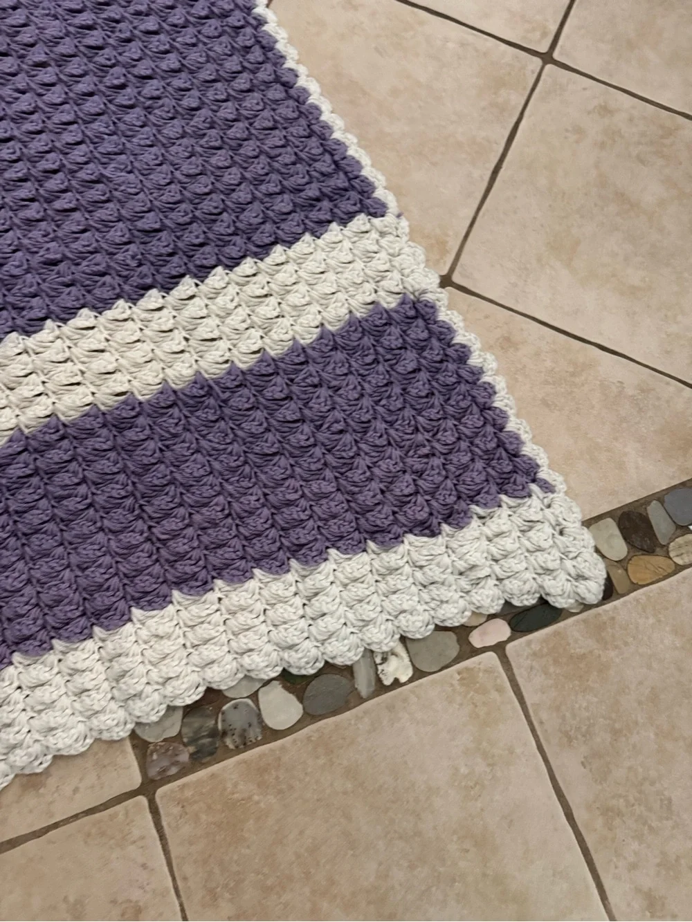 Handmade Crochet Afghan Throw Blanket Lavender Purple & Cream Chunky Textured Sc
